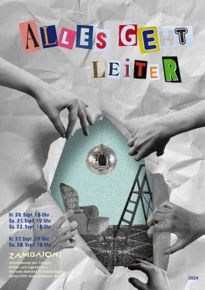 Das Bild zeigt den surrealistischen Flyer des Jugendprojekts "Alles geht Leiter" mit einer Discokugel und vielen Händen.